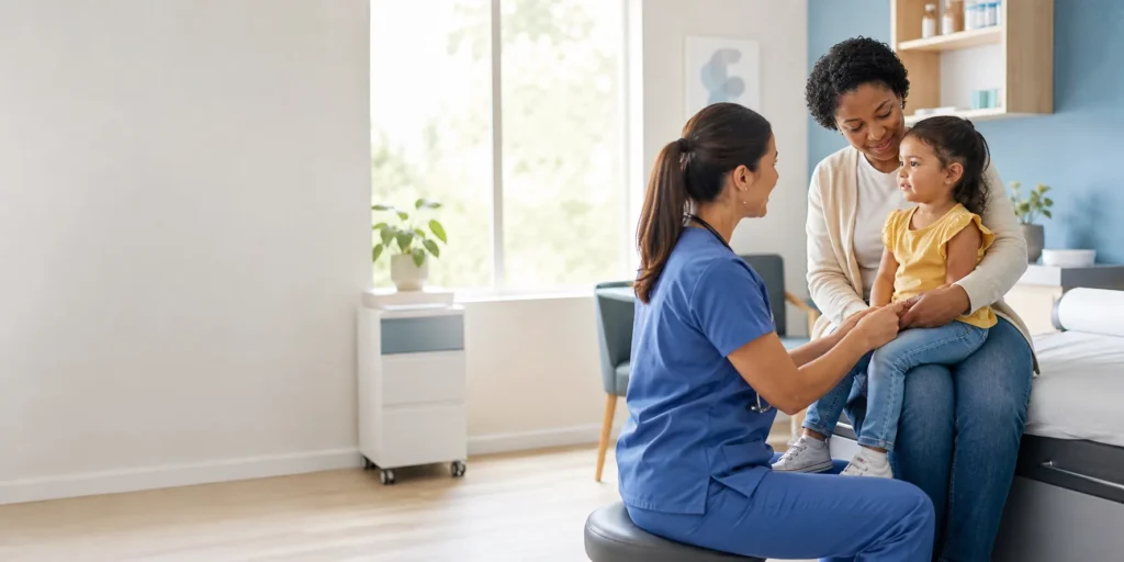 Family discussing pediatric asthma symptoms with a provider at a community health clinic