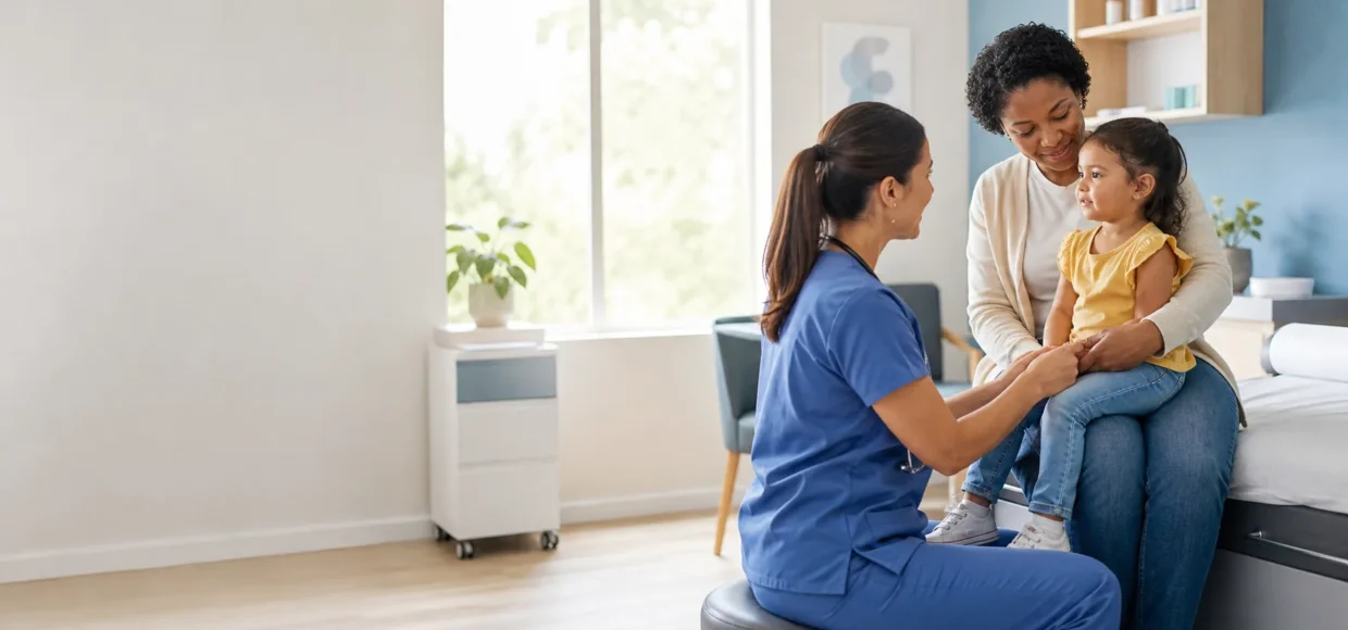 Family discussing pediatric asthma symptoms with a provider at a community health clinic