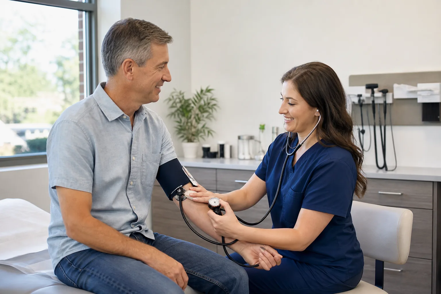 Provider checking a patient's blood pressure during an annual primary care checkup