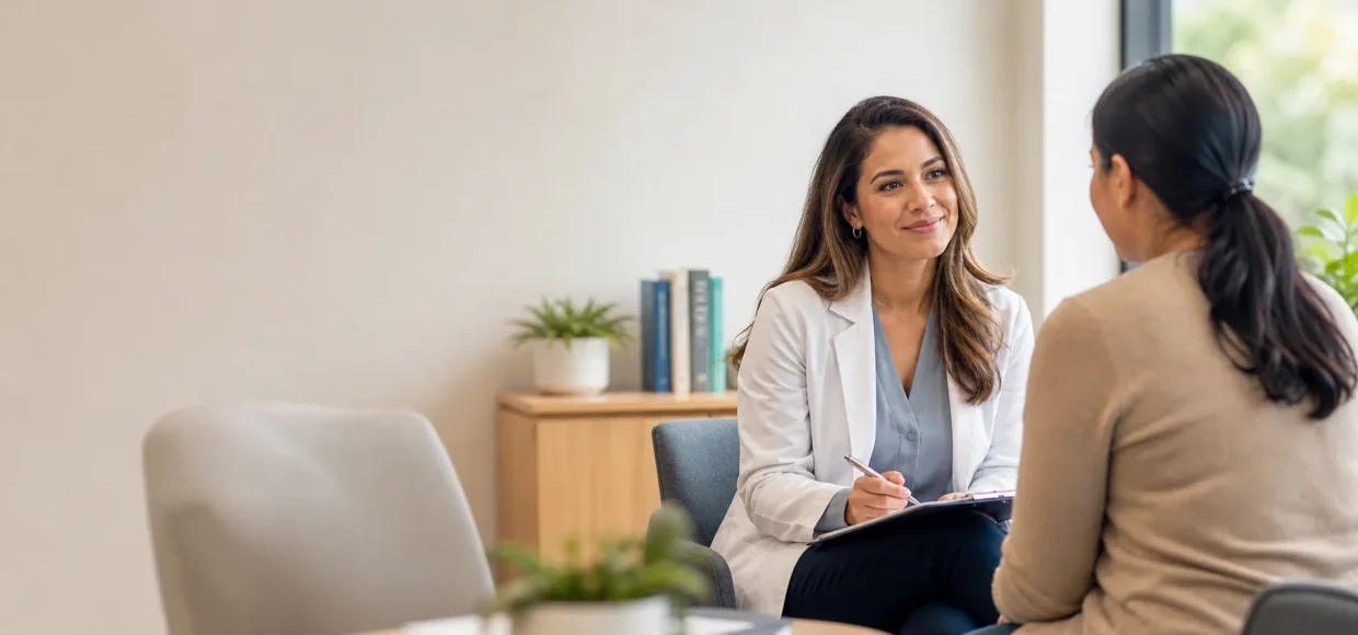 Patient discussing depression support with a healthcare professional in a calm community clinic office