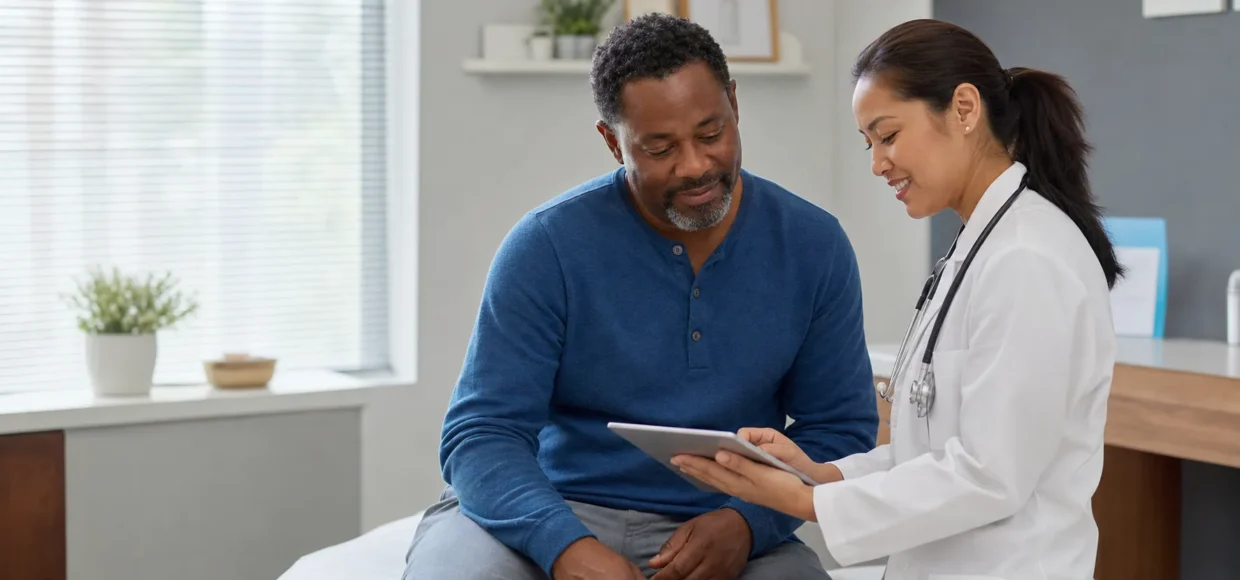 Patient reviewing diabetes care information with a healthcare professional in a community clinic exam room