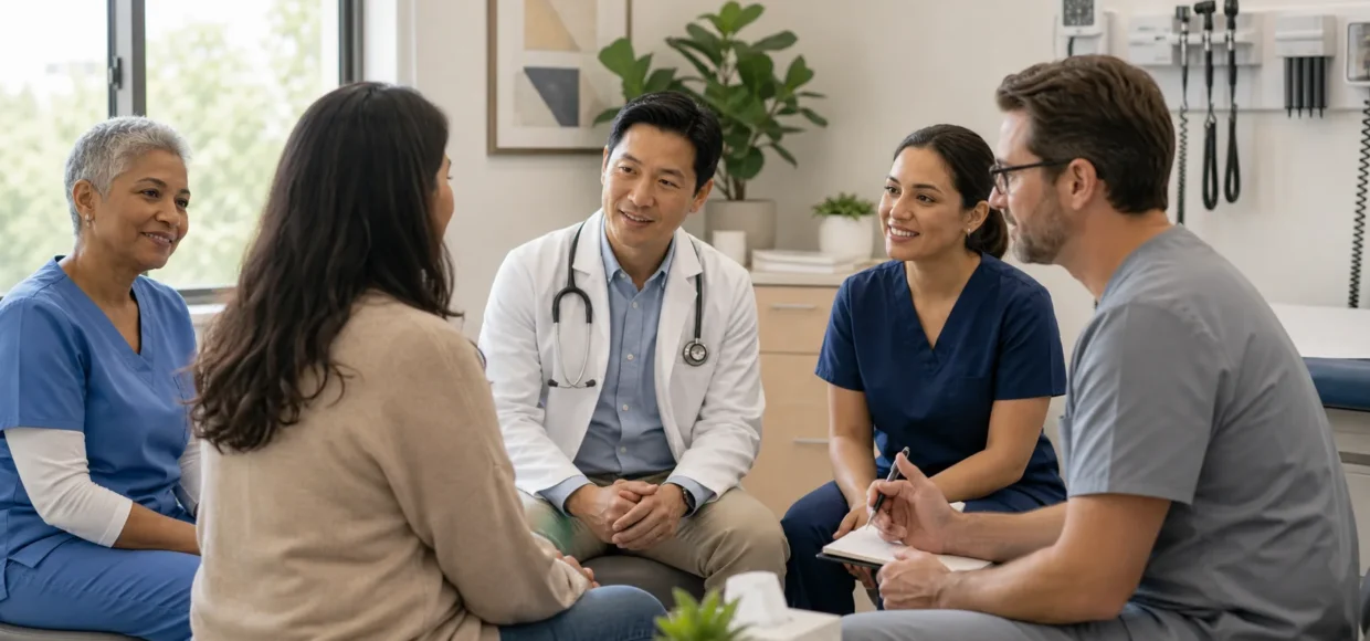Community health center care team speaking with a patient in a clinic