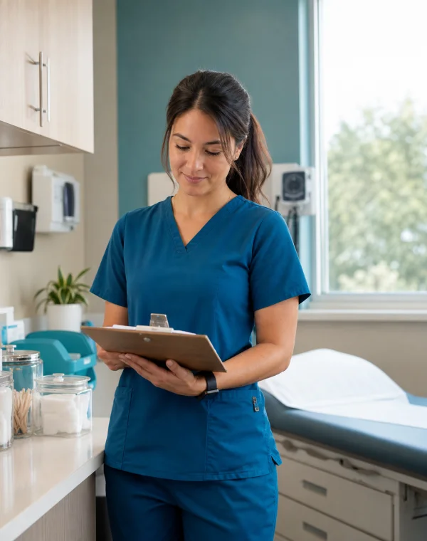 Community health center care team member preparing patient materials in a bright clinic room