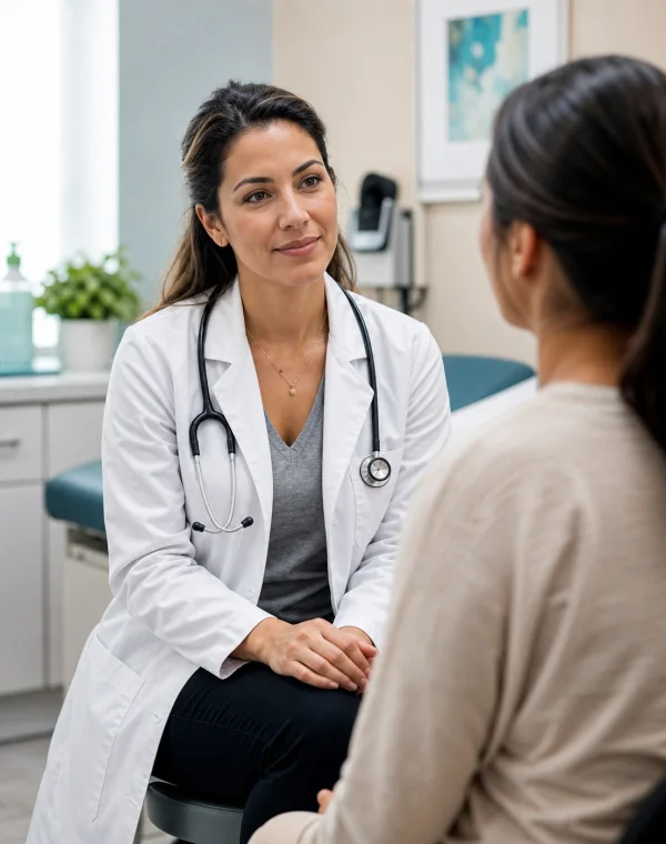 Primary care clinician listening to a patient in a clean community clinic exam room