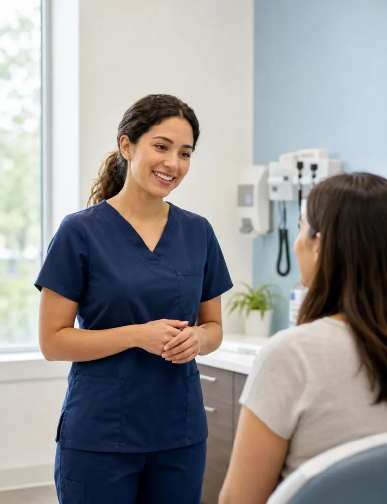 Nurse answering patient questions in a bright community health center consultation room
