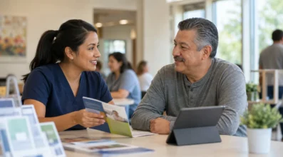 Community clinic staff helping a patient with access questions