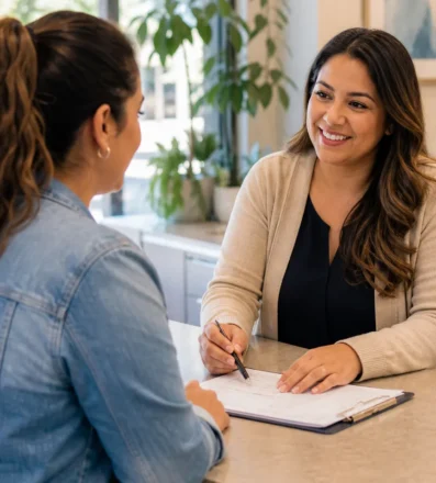 Patient support conversation at a community clinic front desk