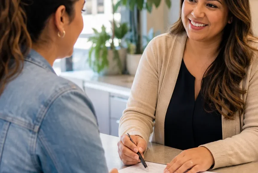 Patient support conversation at a community clinic front desk