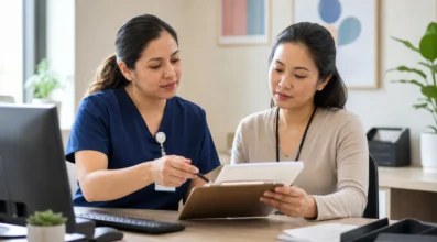 Community clinic care coordination at a clean desk