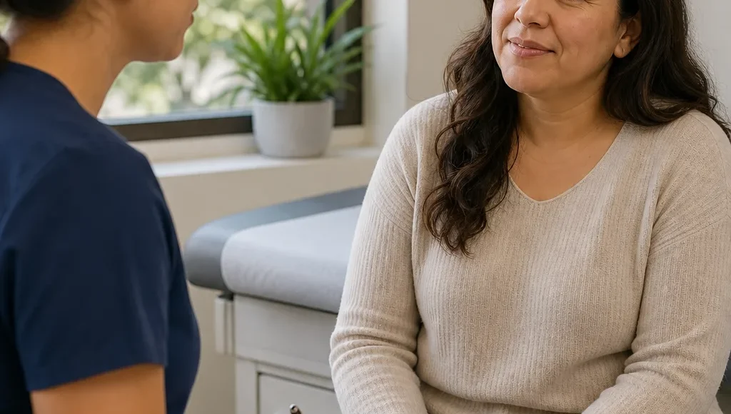 Care team member listening to a patient in a community clinic