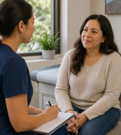 Care team member listening to a patient in a community clinic