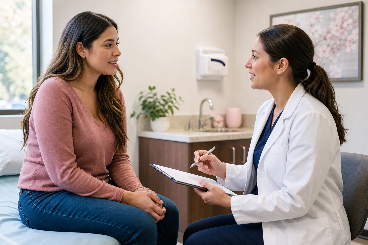 Provider reviewing women’s preventive screening options with a patient in a clinic exam room