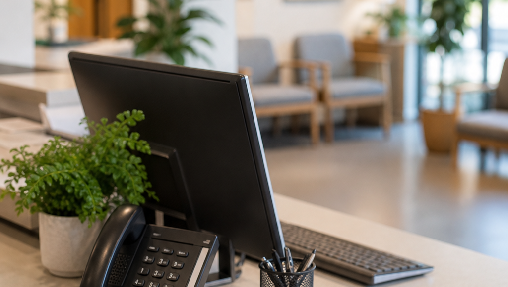 Clinic front desk with phone and contact workspace