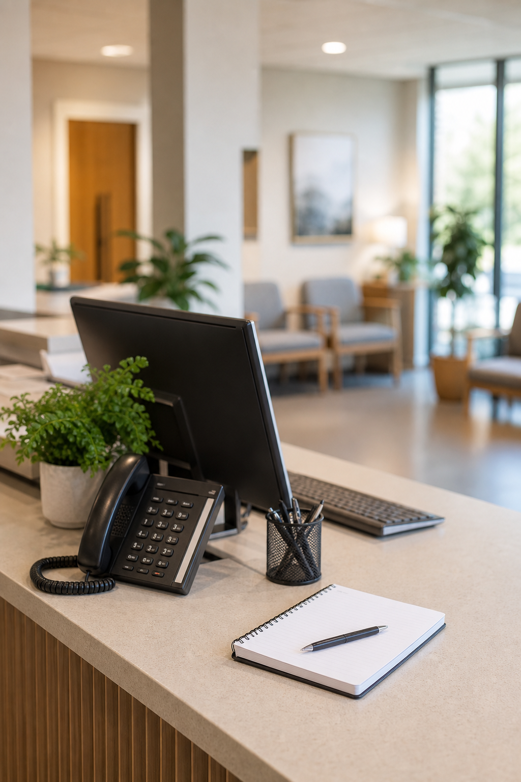 Clinic front desk with phone and contact workspace