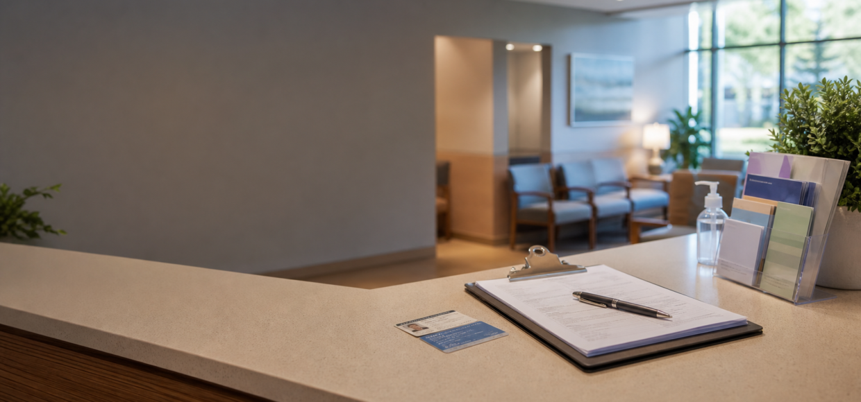 Appointment preparation materials at a clinic reception desk