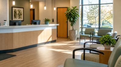 Clinic reception desk and waiting area