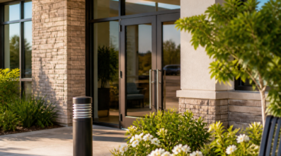 Clinic entrance detail with landscaping