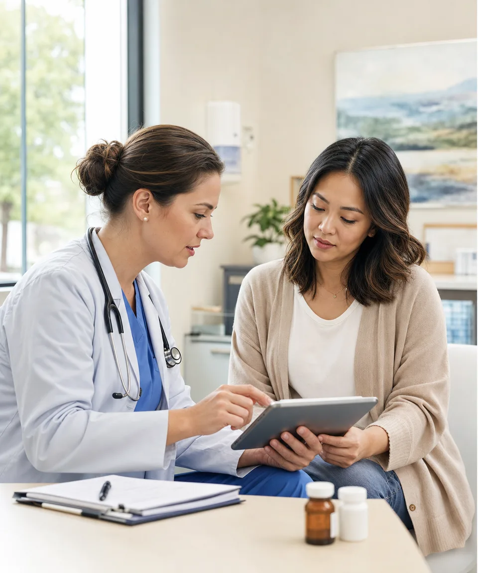Clinician and patient reviewing symptom notes during a same-day care visit