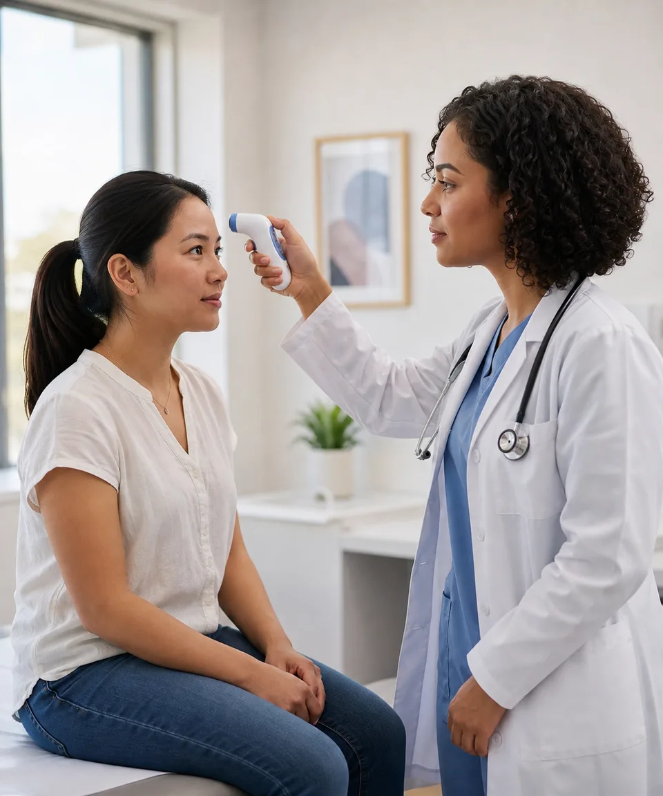 Clinician checking a patient temperature during a same-day care visit