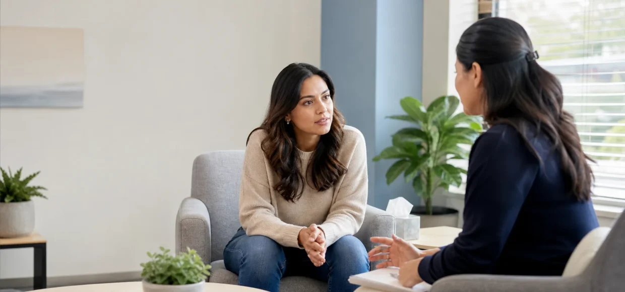 Patient discussing anxiety symptoms with a healthcare professional in a calm community clinic office