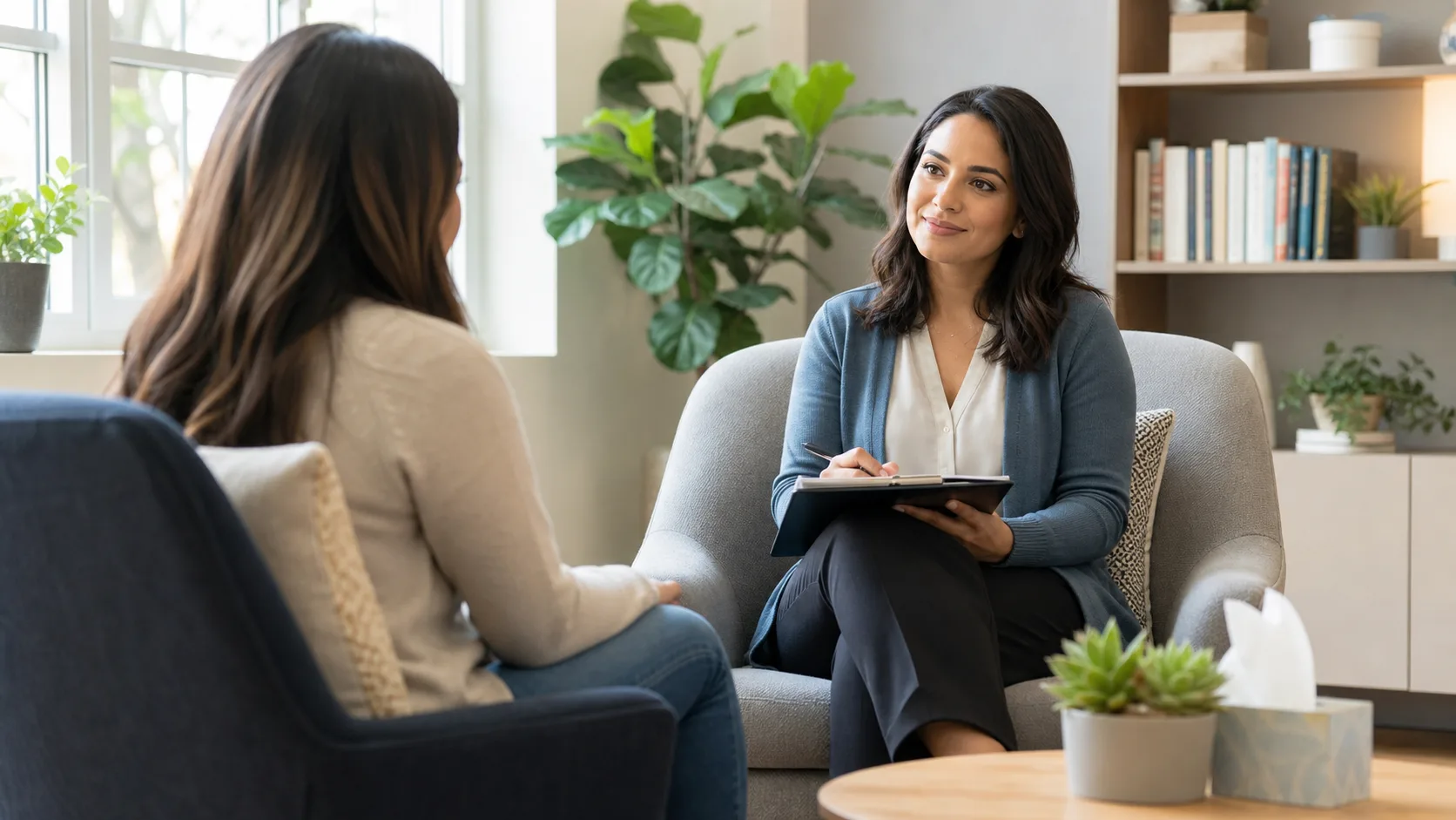 Patient speaking with a clinician about anxiety support at All American Community Health Center