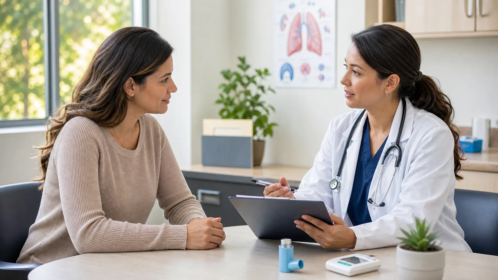 Clinician discussing asthma symptoms and inhaler questions with a patient at All American Community Health Center