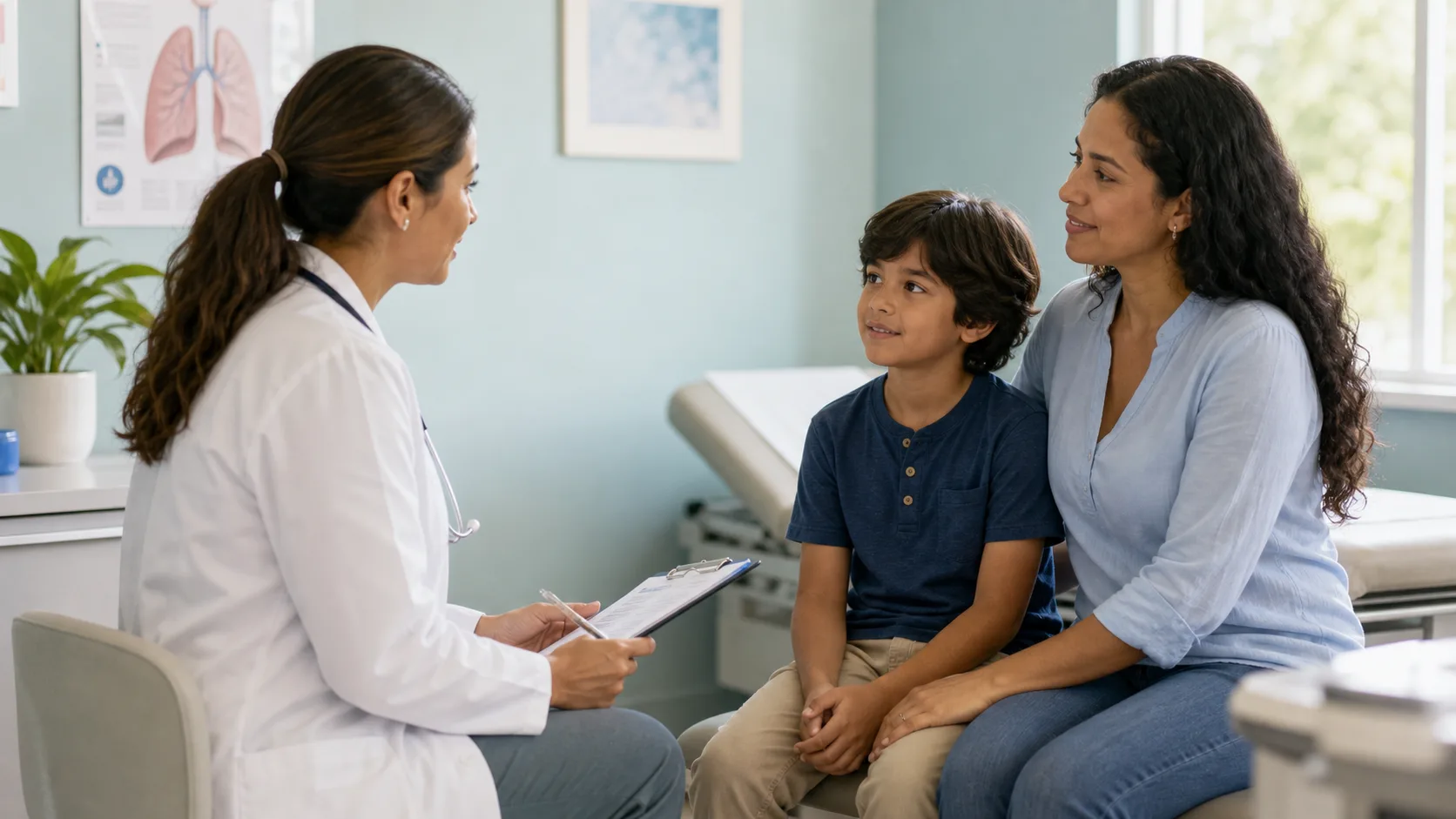 Parent and child discussing childhood asthma symptoms with a provider