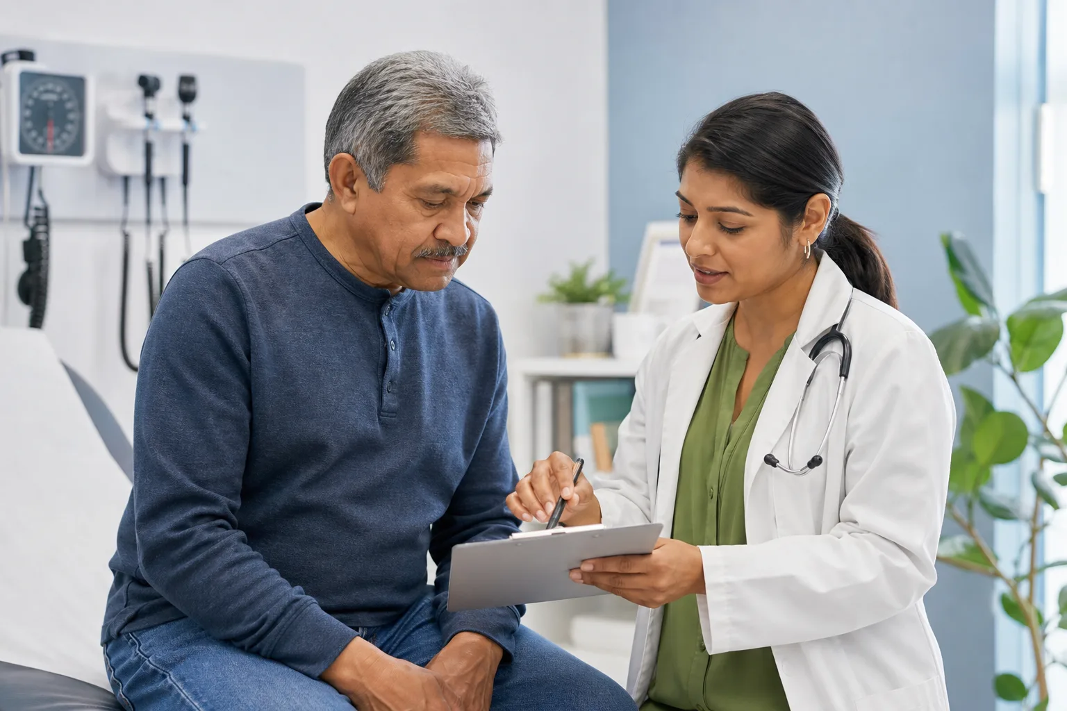 Healthcare provider reviewing chronic condition care notes with an adult patient