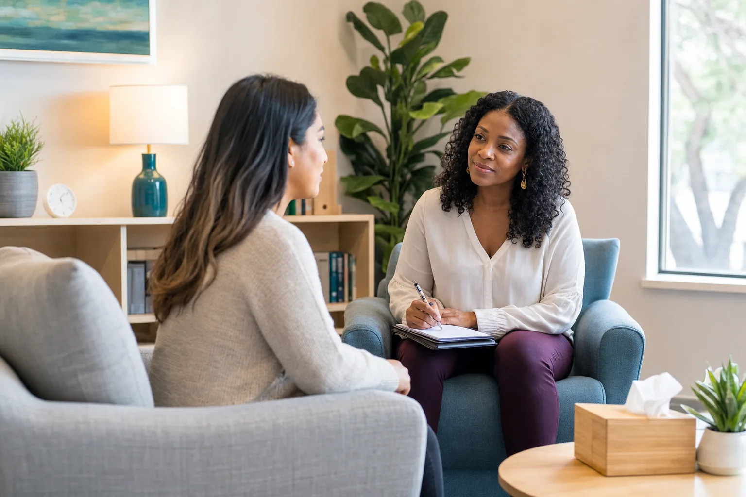Patient speaking with a behavioral health professional in a calm clinic counseling room