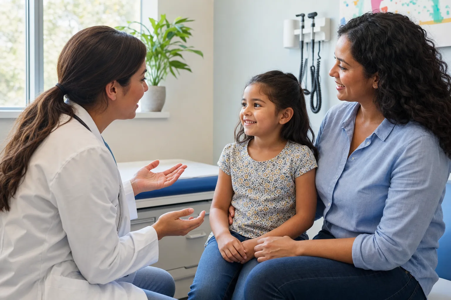 Parent and child speaking with a pediatric clinician during a routine clinic visit