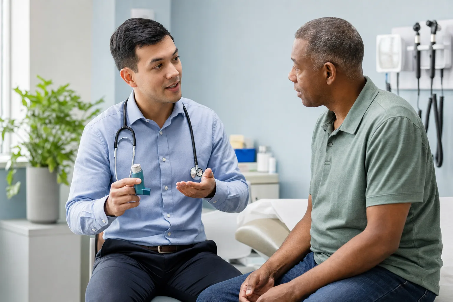 Clinician discussing inhaler use and breathing symptoms with an adult patient