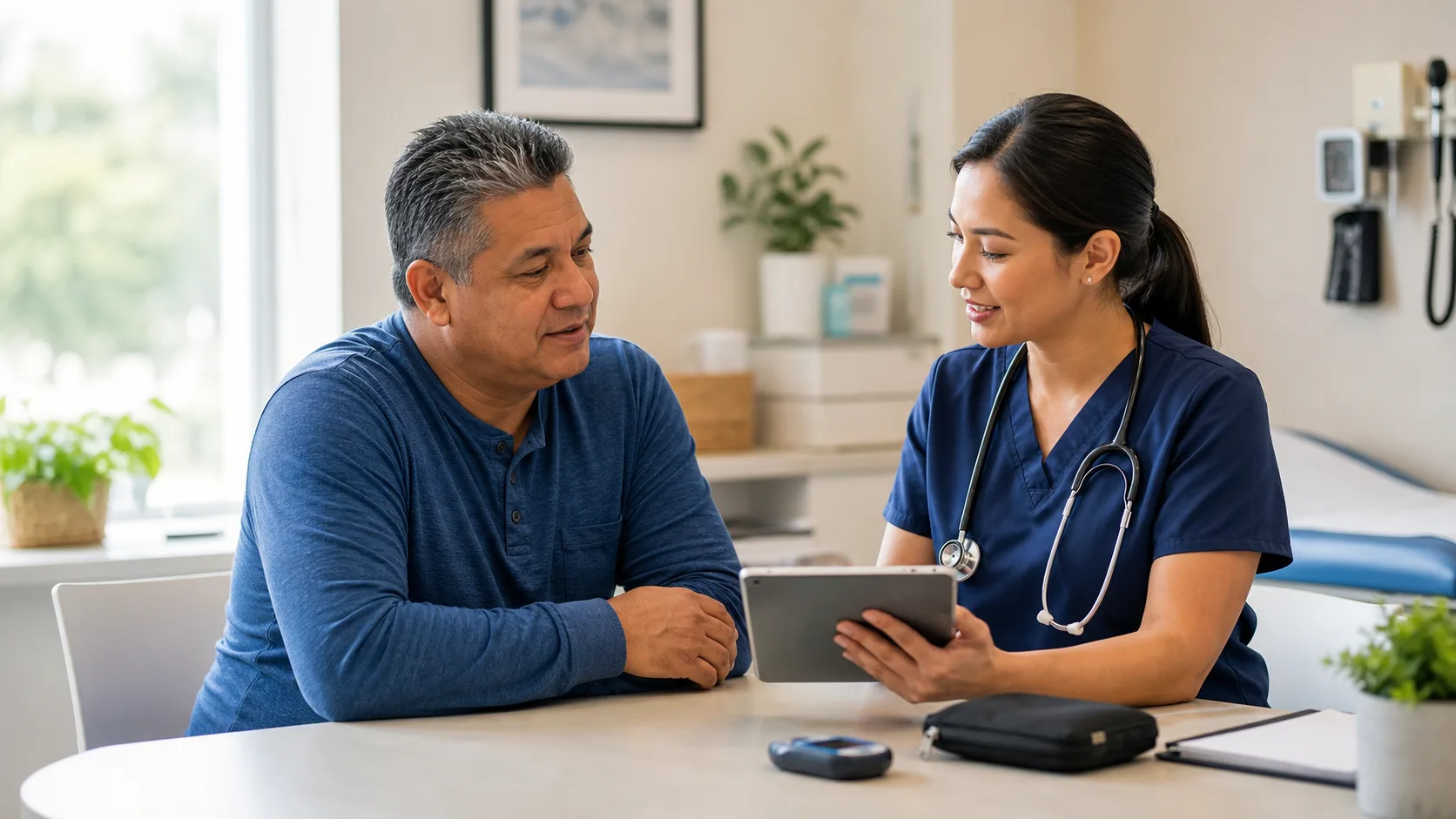 Clinician reviewing diabetes care information with a patient at All American Community Health Center