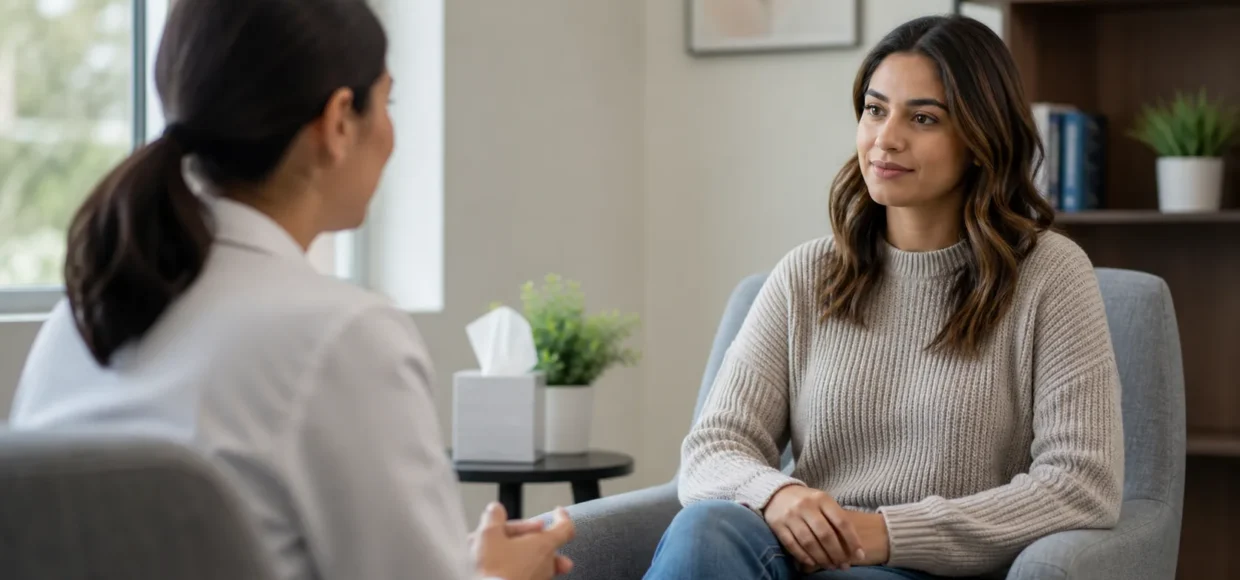 Healthcare professional speaking with a patient during a private mental health support visit