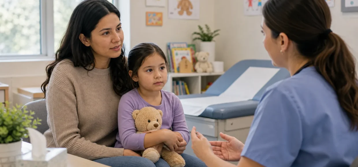 Parent and child speaking with a clinician during a pediatric visit