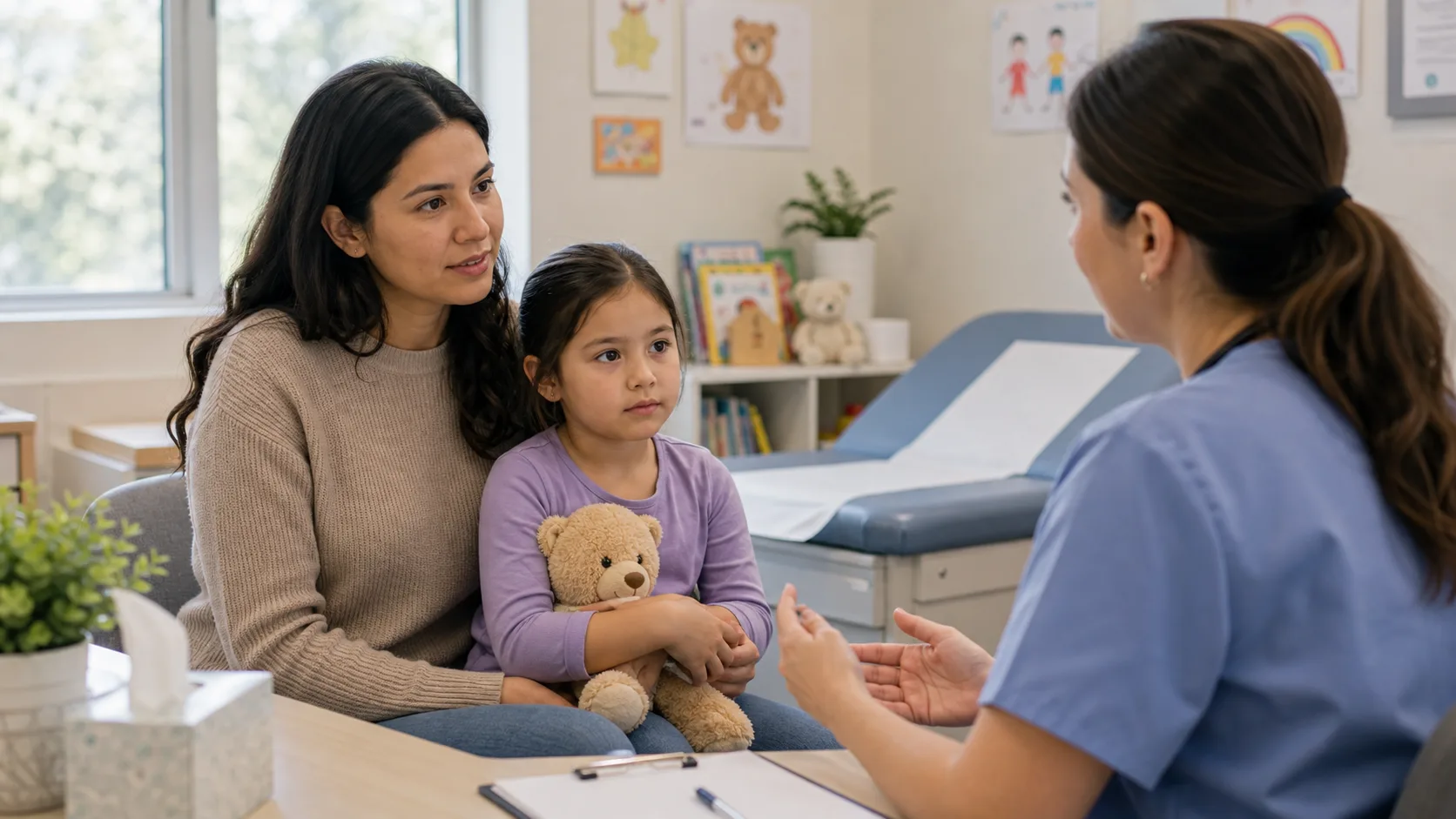Parent and child speaking with a clinician during a pediatric visit