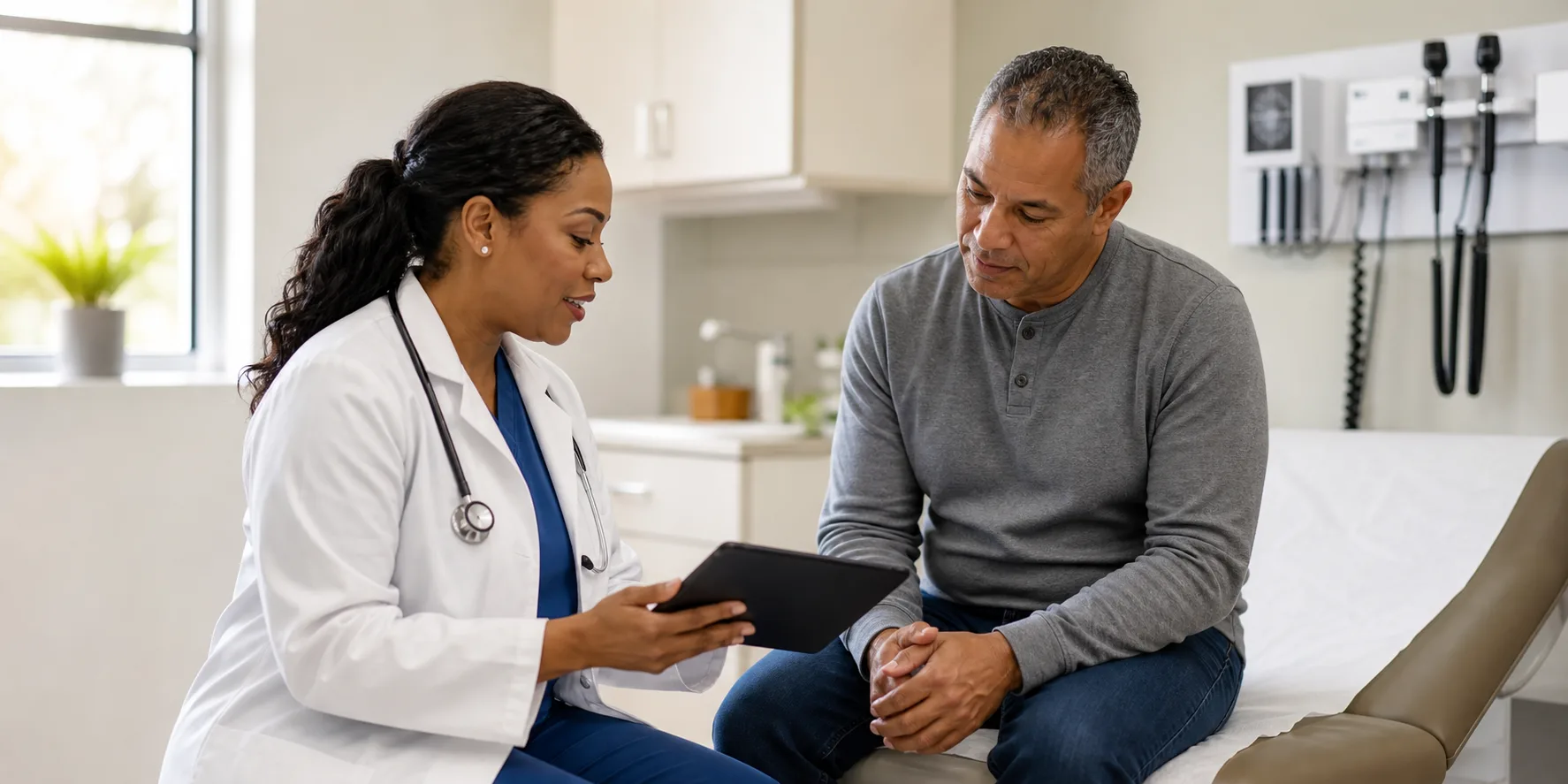 Healthcare professional reviewing preventive care questions with a patient during a routine visit