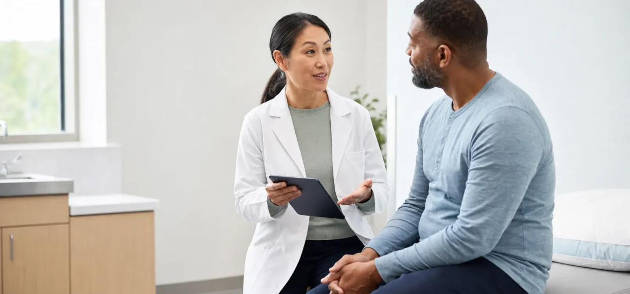 Primary care provider speaking with a patient in a community health clinic exam room