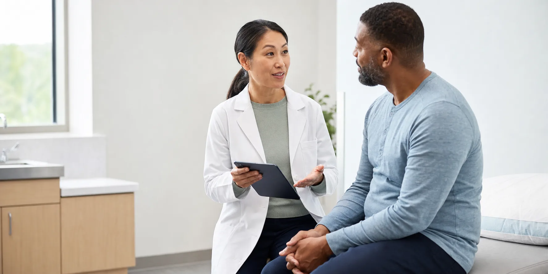 Primary care provider speaking with a patient in a community health clinic exam room
