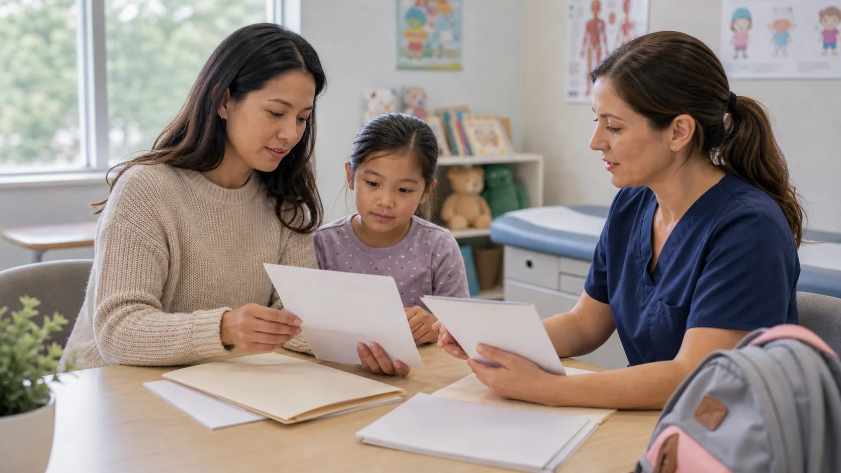Parent and child reviewing well-child care records with a clinician