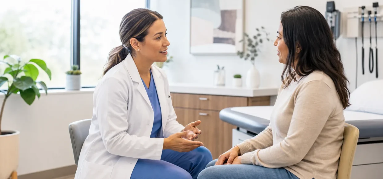 Healthcare professional speaking with a patient during a private women’s health visit