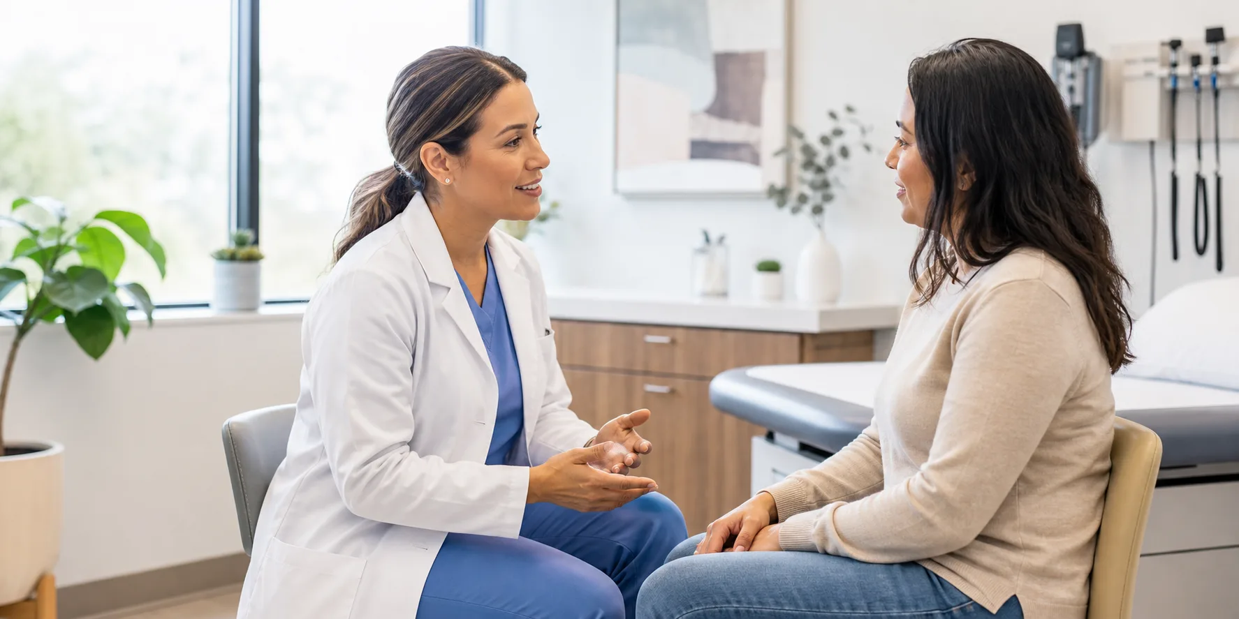 Healthcare professional speaking with a patient during a private women’s health visit