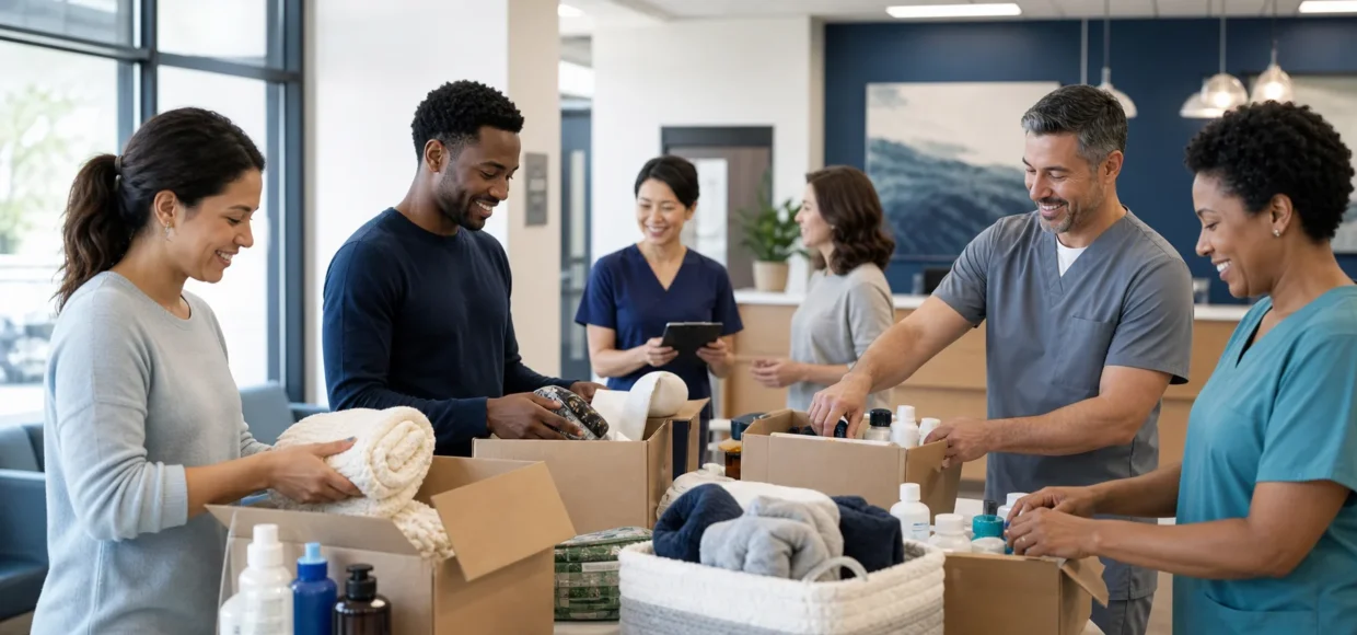 Clinic staff and volunteers organizing donated supplies in a community health center