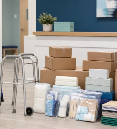 Wheelchair, walker, unopened hygiene supplies, medical supplies, and office items arranged in a clinic setting