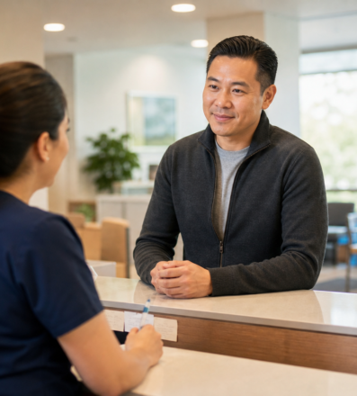 Patient checking in at a community health clinic front desk