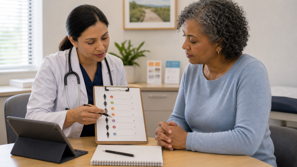 Clinician reviewing preventive screening questions with a patient during a primary care visit