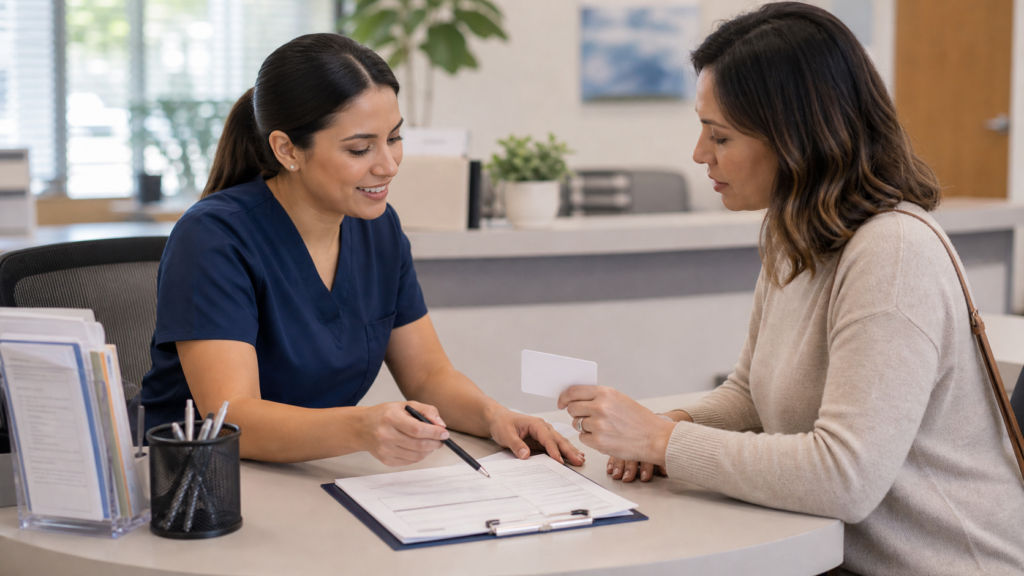 Clinic staff helping a patient review insurance verification before a visit