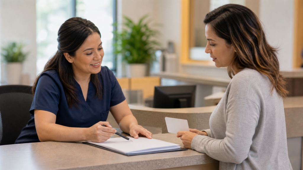 Clinic staff helping a patient with coverage questions using blank paperwork