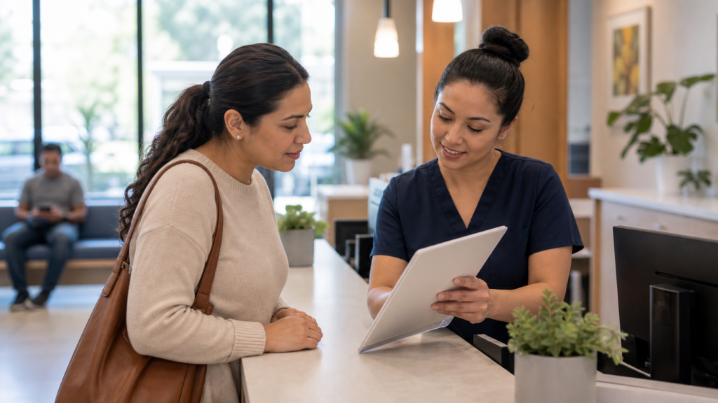 Clinic staff helping a patient choose the right service at a community health center