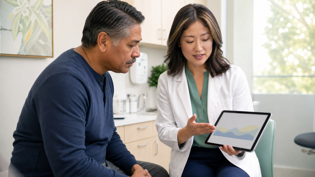 Clinician explaining diabetes screening information to an adult patient
