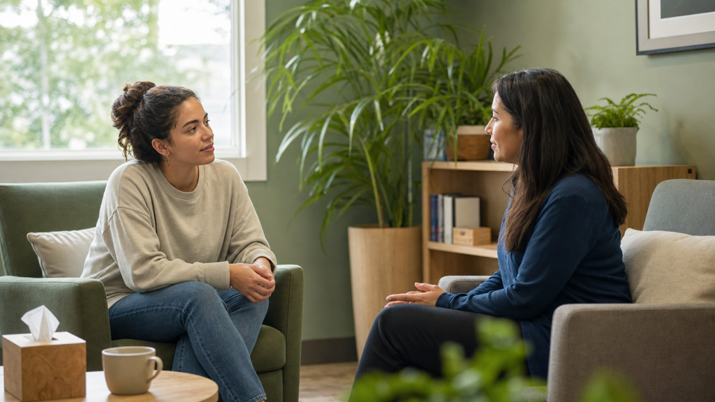 Patient having a supportive conversation with a behavioral health professional